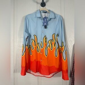 Romwe Button Up Shirt Light Blue With Red Orange Yellow Flames Size Small NWT
